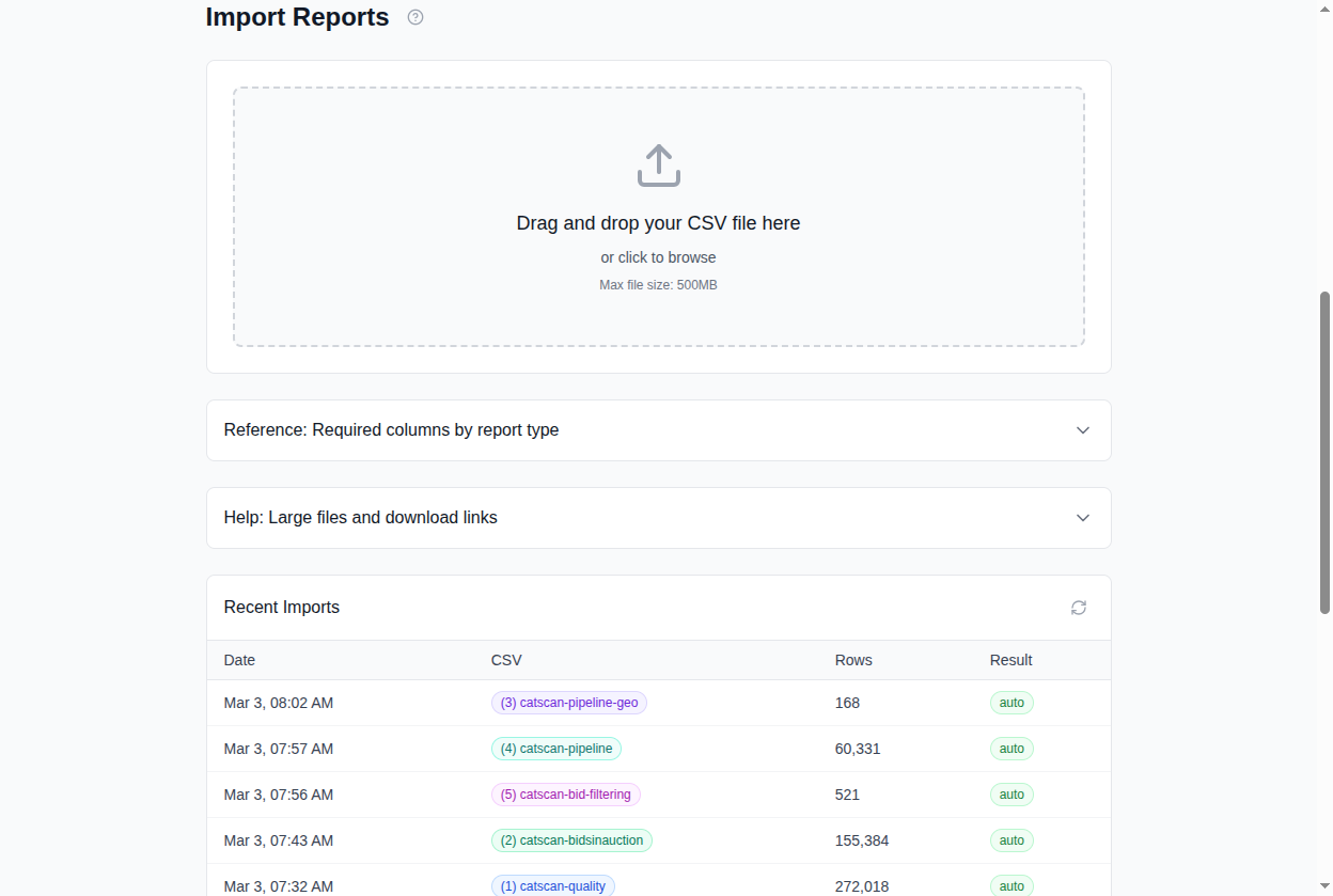 Data import page with upload zone and freshness grid